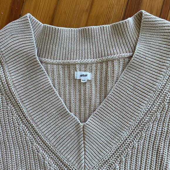 Aerie Rib Knit V-Neck Slouchy Cotton Sweater in Sandalwood Size S - Picture 5 of 5